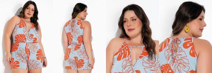 Macaquinho Folhas Azul com Amarrao Plus Size