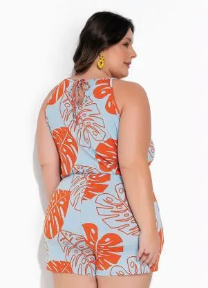 Marguerite - Macaquinho Folhas Azul com Amarração Plus Size - MARGUERITE