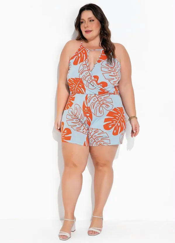Marguerite - Macaquinho Folhas Azul com Amarração Plus Size 5