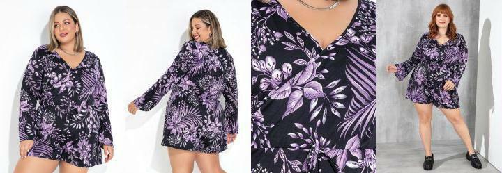 Macaquinho Folhas Roxo Transpassado Plus Size