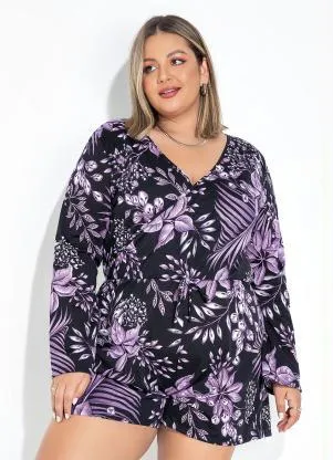Marguerite - Macaquinho Folhas Roxo Transpassado Plus Size - MARGUERITE