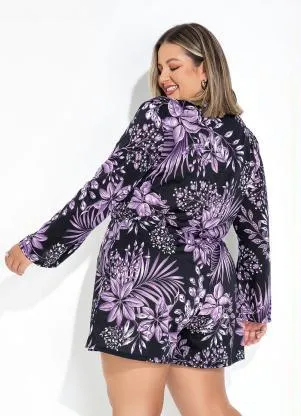 Marguerite - Macaquinho Folhas Roxo Transpassado Plus Size - MARGUERITE