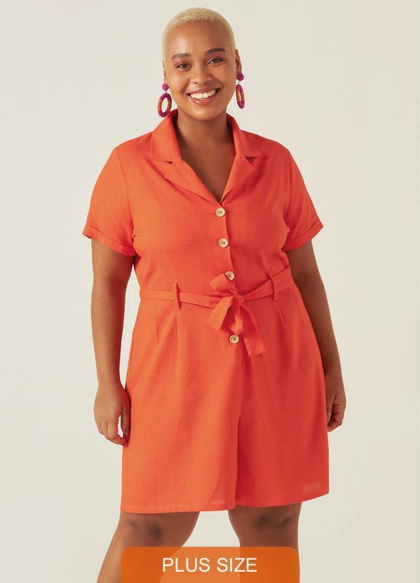 Malwee Plus - Macaquinho Laranja Feminino Viscose com Linho