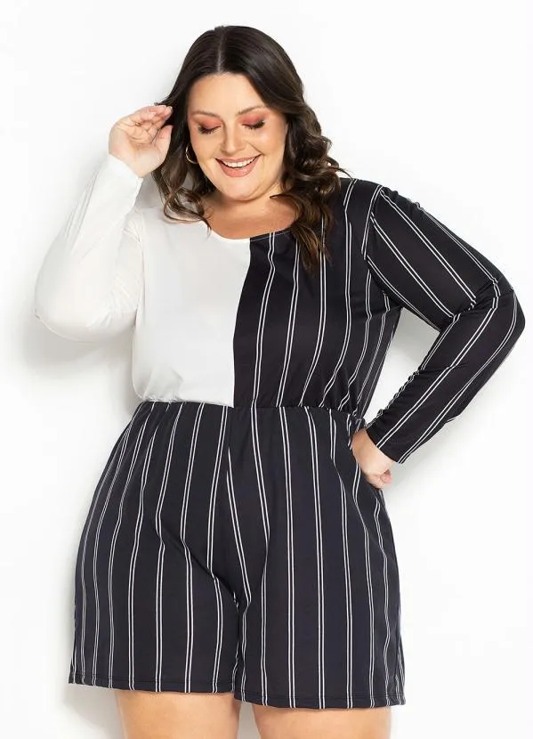 Marguerite - Macaquinho Listras e Off White Plus Size