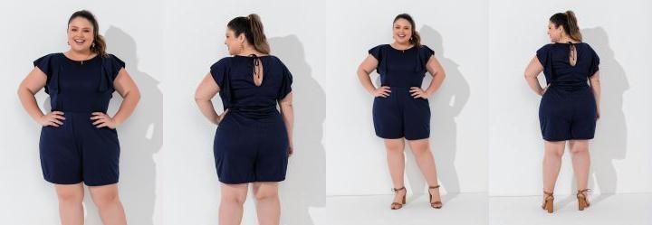 Macaquinho Marinho com Babadinhos Plus Size