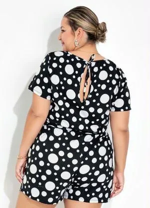 Marguerite - Macaquinho Poá Preto com Mangas Plus Size - MARGUERITE