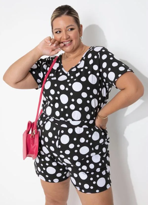 Marguerite - Macaquinho Poá Preto com Mangas Plus Size