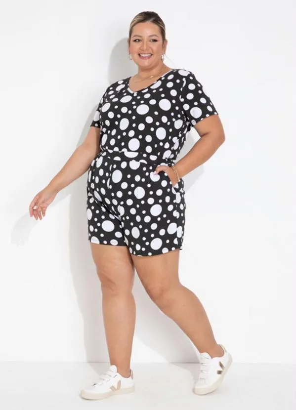 Marguerite - Macaquinho Poá Preto com Mangas Plus Size 2