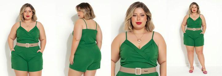 Macaquinho Verde Bandeira com Bolsos Plus Size
