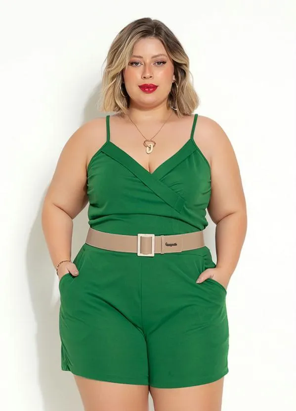 Marguerite Macaquinho Verde Bandeira com Bolsos Plus Size