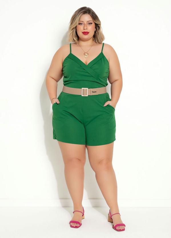 Marguerite - Macaquinho Verde Bandeira com Bolsos Plus Size 2