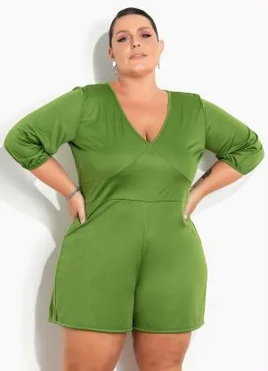 Marguerite - Macaquinho Verde com Mangas Bufantes Plus Size - MARGUERITE
