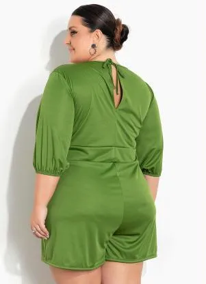 Marguerite - Macaquinho Verde com Mangas Bufantes Plus Size - MARGUERITE