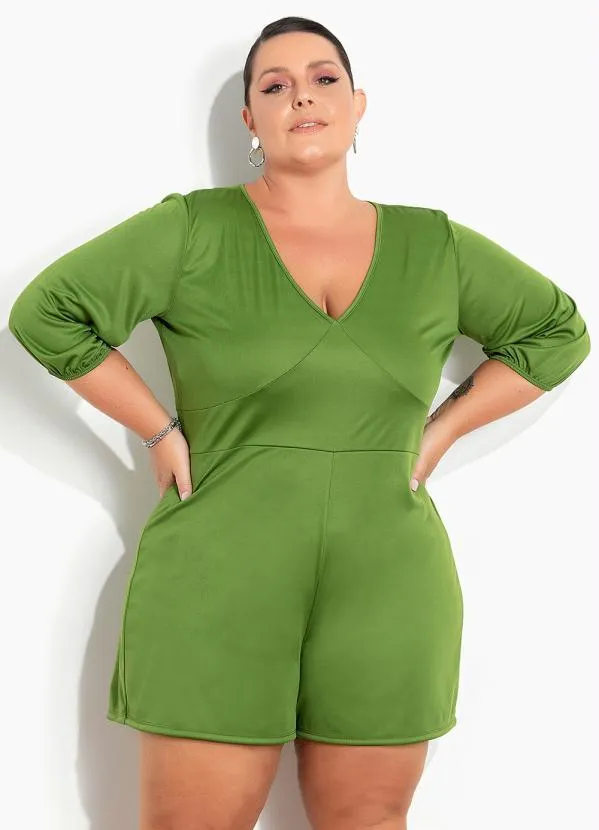 Marguerite - Macaquinho Verde com Mangas Bufantes Plus Size