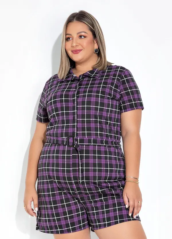 Marguerite - Macaquinho Xadrez Roxo Faixa Grátis Plus Size 4