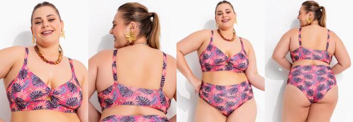 Busto Biquni Folhagem Pink em Malha Fria