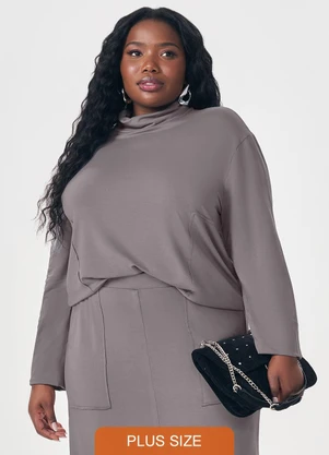 Lisamour - Blusa Gola Alta de Manga Longa Cinza - LISAMOUR