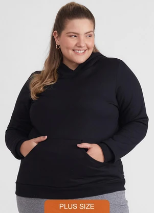 Basicamente - Blusão Moletom Flanelado Capuz Plus Preto - BASICAMENTE