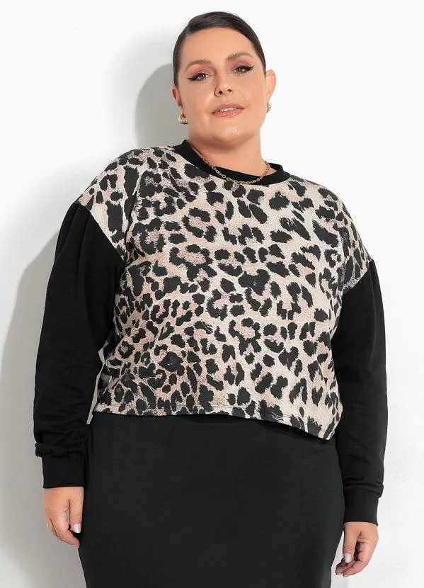 Marguerite - Casaco Onça e Preto com Mangas Plus Size