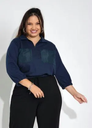 Queima Estoque - Casaco Plus Size Azul com Decote de Zíper - QUEIMA ESTOQUE
