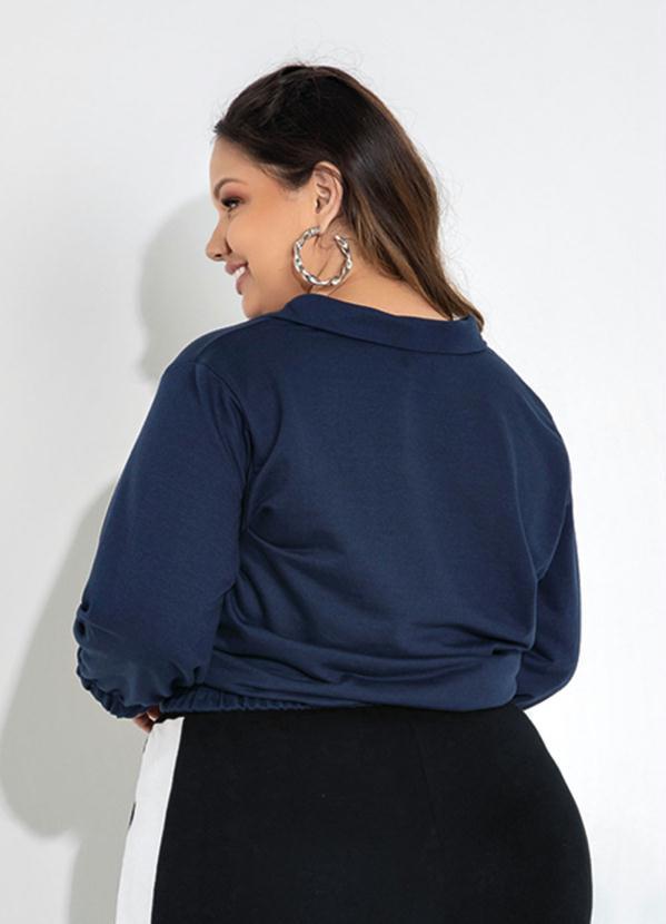 Outlet - Casaco Plus Size Azul com Decote de Zíper 2