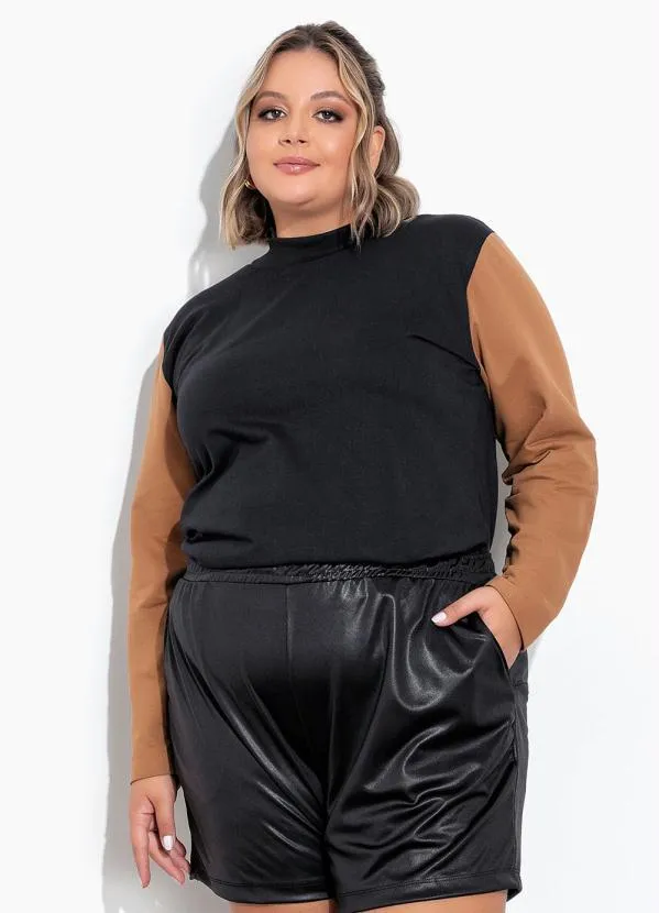 Marguerite - Casaco Preto e Caramelo com Gola Alta Plus Size