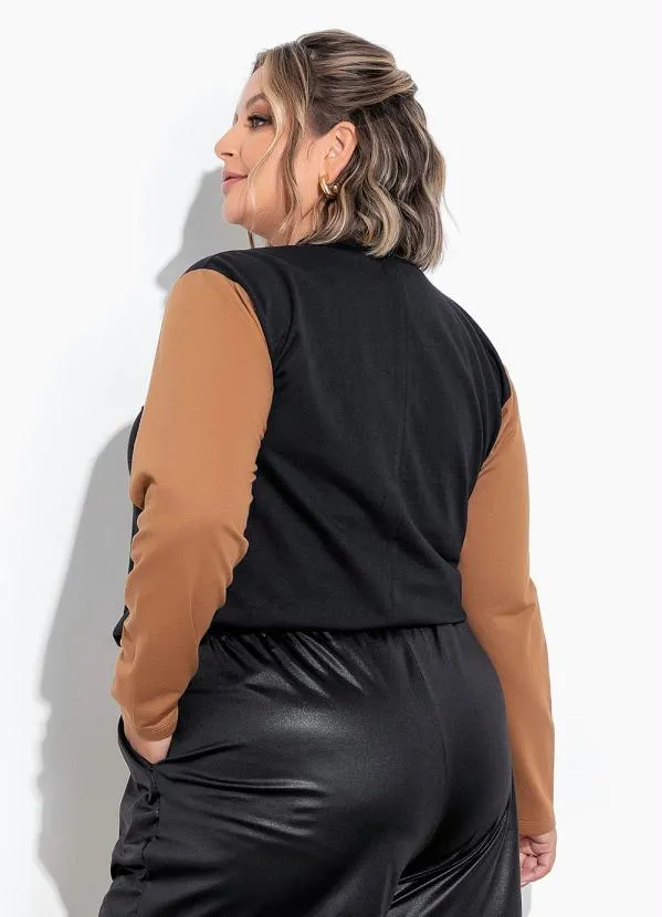 Marguerite - Casaco Preto e Caramelo com Gola Alta Plus Size 2