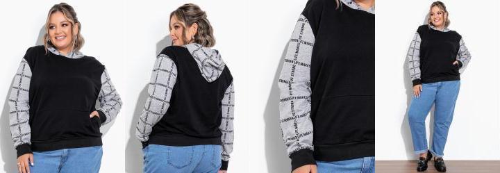 Casaco Preto e Mescla com Capuz Plus Size