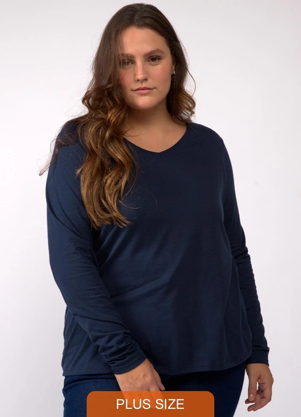 Basicamente - Camiseta Babylook Manga Longa Gola V Plus Azul