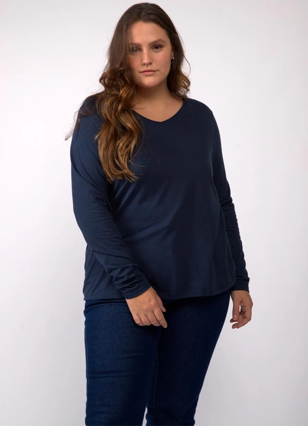 Basicamente - Camiseta Babylook Manga Longa Gola V Plus Azul 2