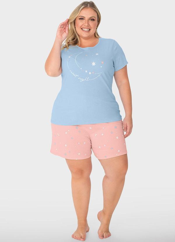 Malwee - Pijama Azul Pastel Curto Estampado em Malha Plus