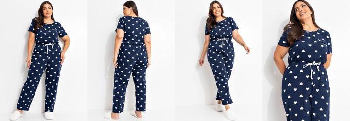 Pijama Cora��es Azul Marinho/Branco em Malha de