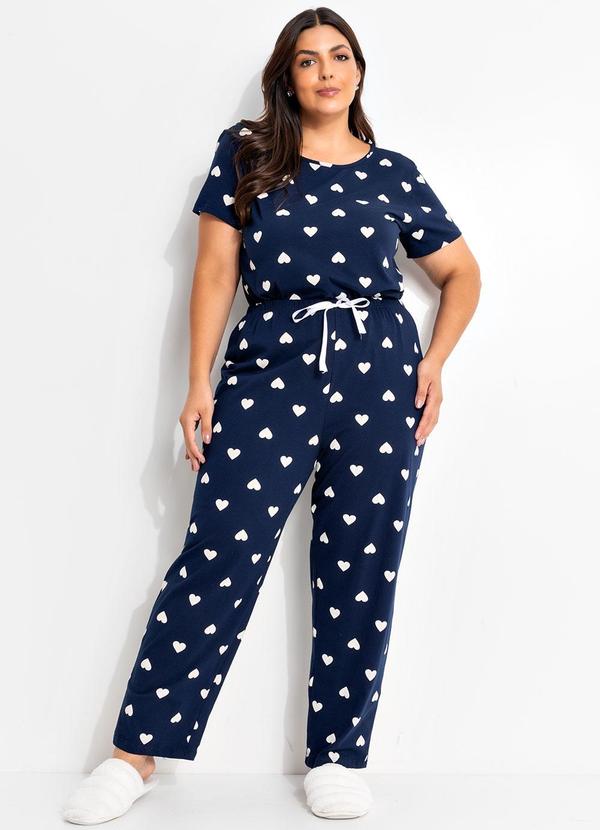 Pijama (Cora��es Azul Marinho/Branco) em Malha de