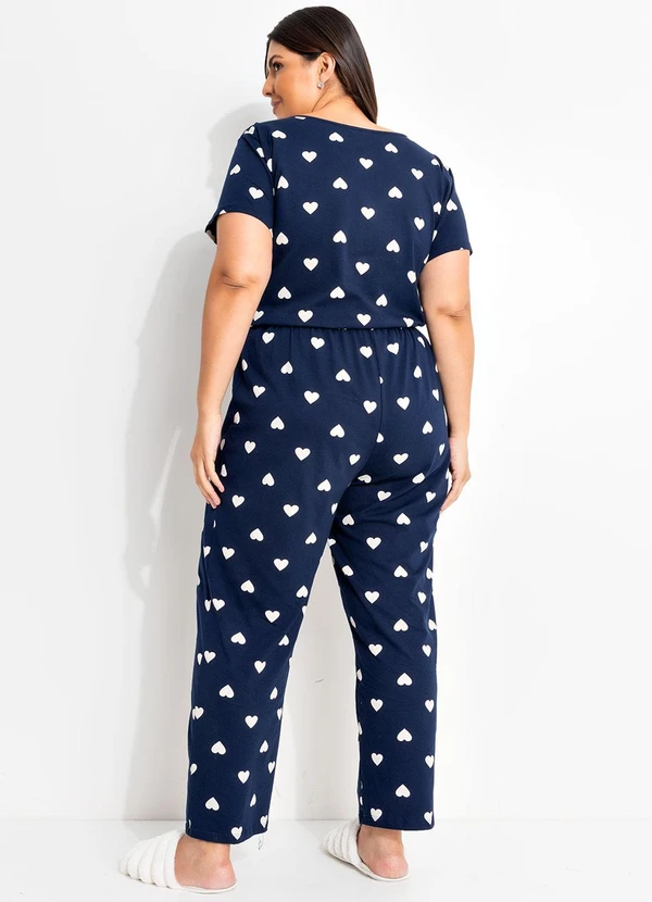 Marguerite - Pijama Corações Azul Marinho/Branco em Malha de 3