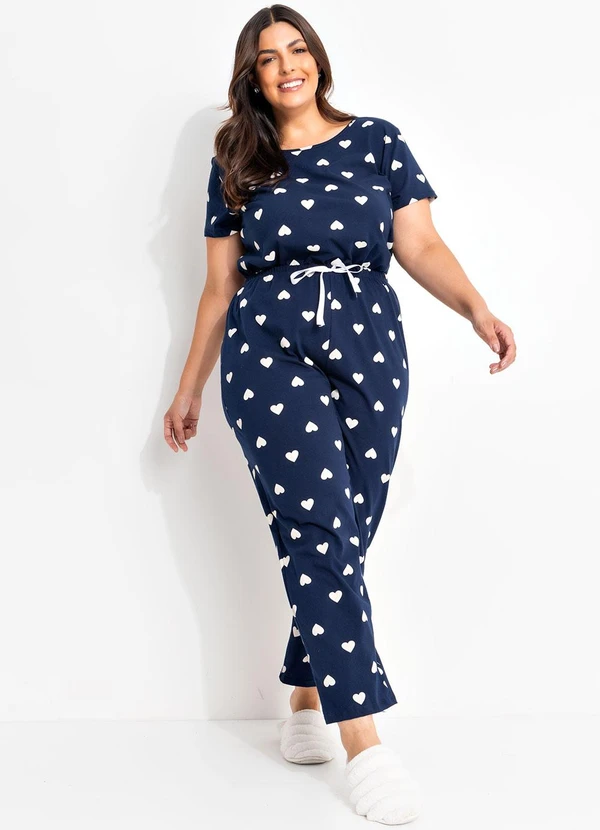 Marguerite - Pijama Corações Azul Marinho/Branco em Malha de 2