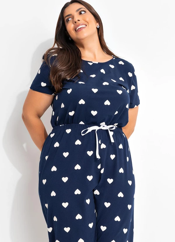 Marguerite - Pijama Corações Azul Marinho/Branco em Malha de 1
