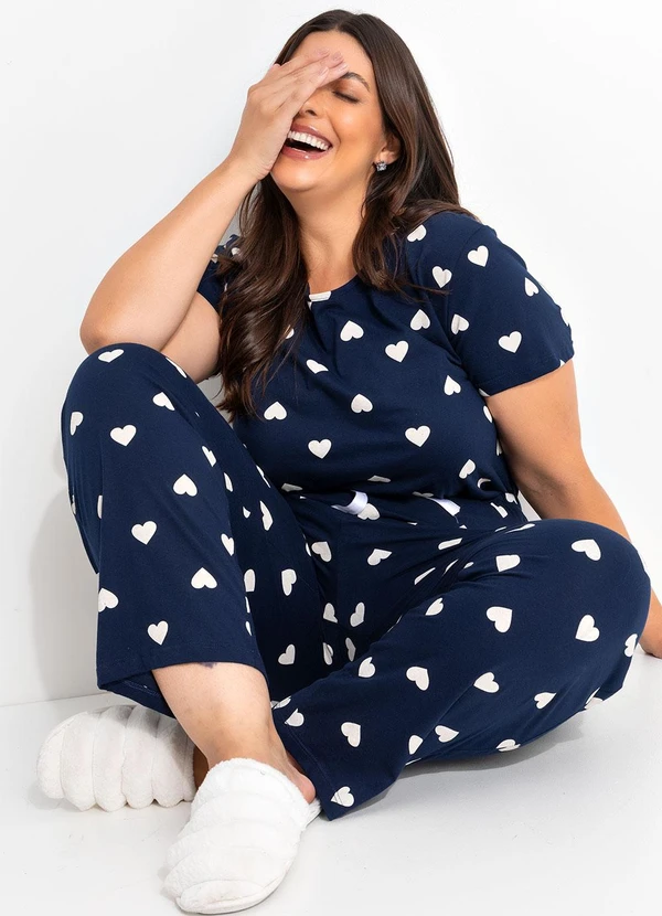 Marguerite - Pijama Corações Azul Marinho/Branco em Malha de 5