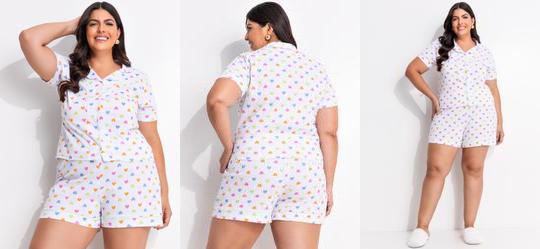 Pijama Cora��es Coloridos em Malha de Algod�o