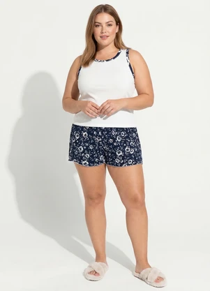 Marguerite - Pijama Floral Azul em Malha Canelada Macia - MARGUERITE