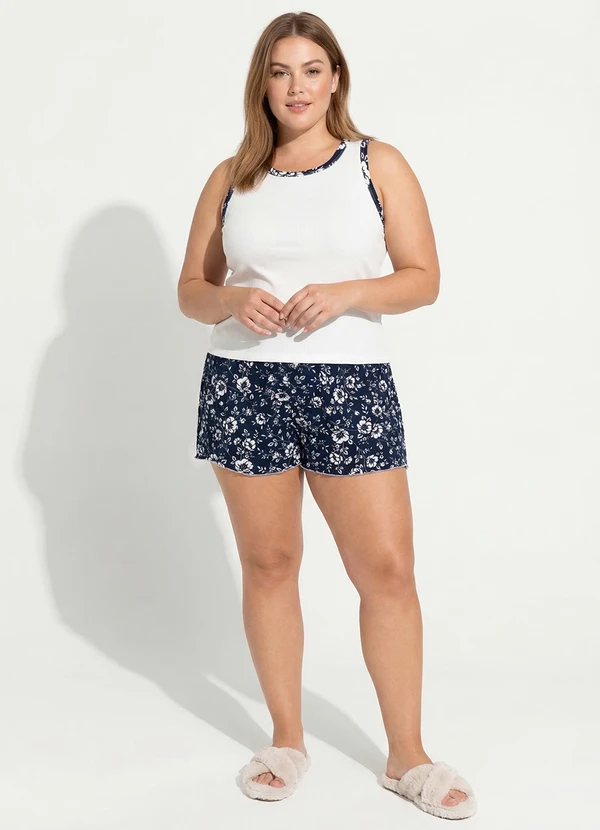Marguerite - Pijama Floral Azul em Malha Canelada Macia