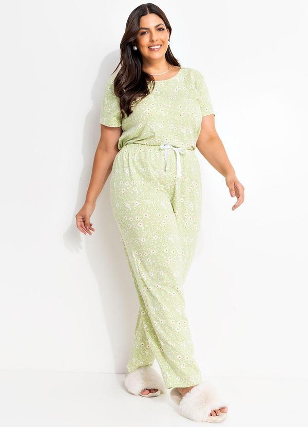 Marguerite - Pijama Floral Verde em Malha com Elastano