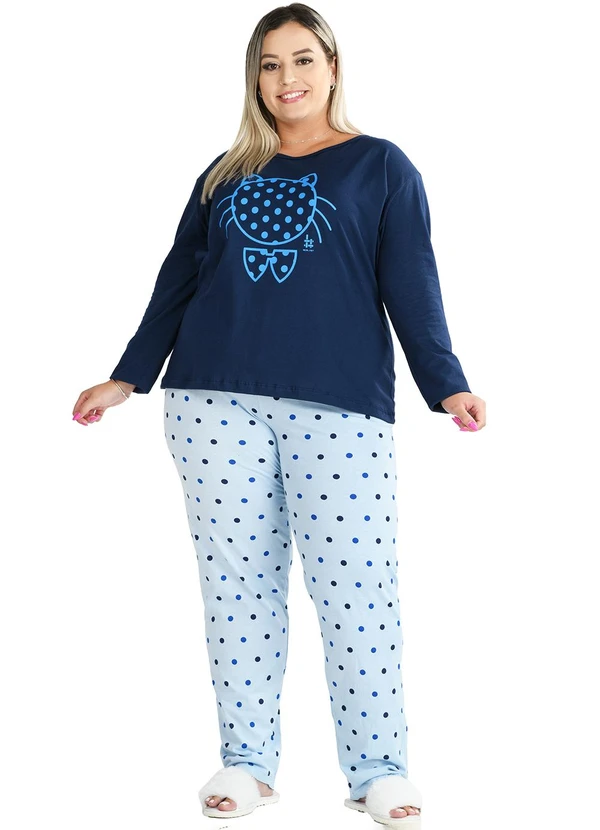 Be Blast - Pijama Inverno Plus Size Gatinho Bolinha Azul 3