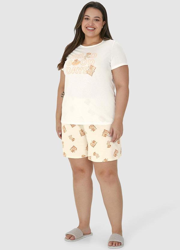 Malwee - Pijama Off White Curto Estampado em Malha Plus 3