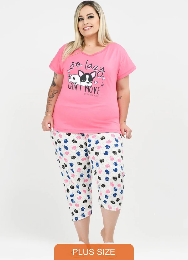 Be Blast - Pijama Pescador Plus Size So Lazy Estampado Rosê
