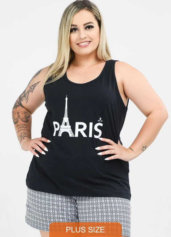 Be Blast - Pijama Plus Size de Algodão Paris EstampadoPreto