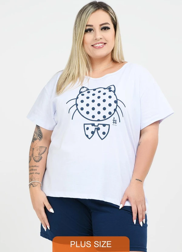 Be Blast - Pijama Plus Size Gatinho Bolinha Branco