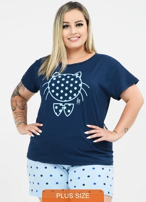 Be Blast - Pijama Plus Size Gatinho Bolinha Marinho - BE BLAST