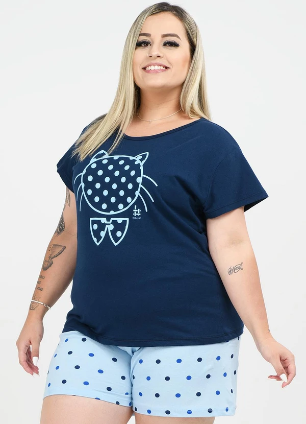 Be Blast - Pijama Plus Size Gatinho Bolinha Marinho 3