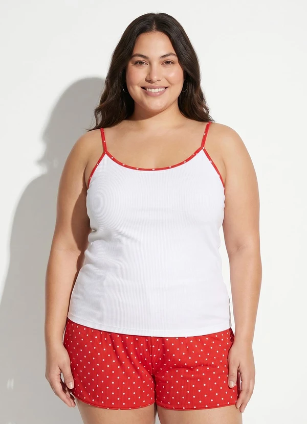 Marguerite - Pijama Poá Vermelho em Malha Canelada Macia