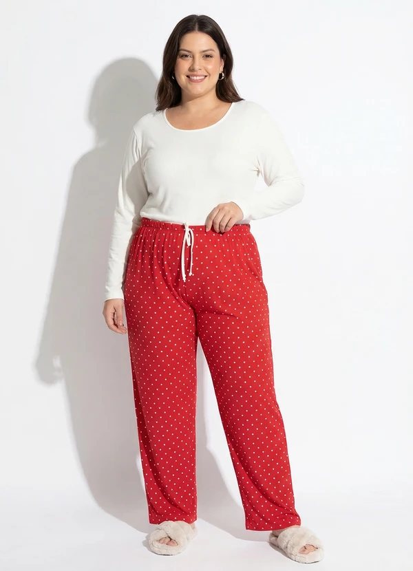 Marguerite - Pijama Poá Vermelho em Malha Canelada Macia